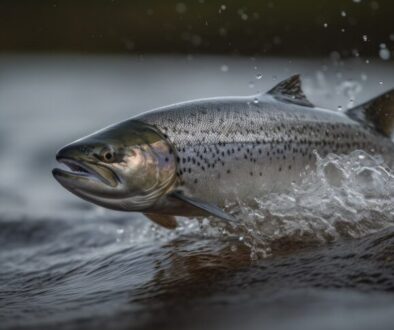 large wild atlantic salmon leaping on water Generative AI