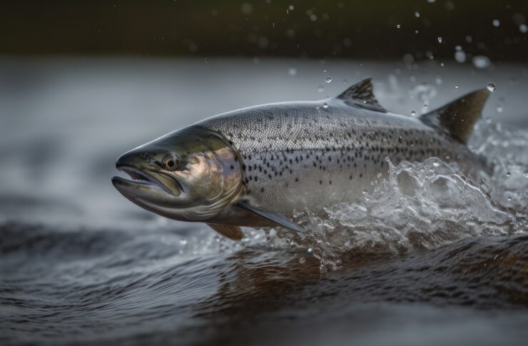 large wild atlantic salmon leaping on water Generative AI